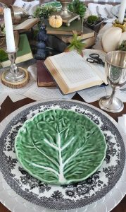 Vintage table setting with cabbage plates, black and white transferware, and a magical centerpiece!