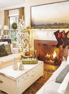 Cozy farmhouse family room decorated for Christmas