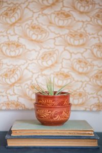 Two Mexican pottery bowls on top of two books with wallpaper in the background