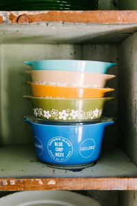 Pyrex collection with Corning Glass Blue Chip Week Family Day Promotional Casserole