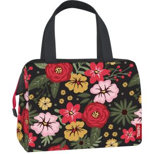 Black fabric lunch bag with red, pink and yellow leafy flowers—perfect for the flea market.