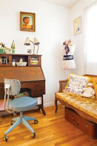 Vintage 1920s desk with 1950s office chair and tufted mustard velvet setee