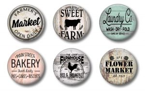 Vintage-themed farmhouse magnets to bring with you to the flea market.
