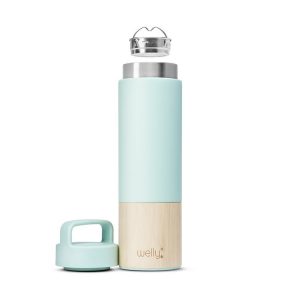 This mint-colored metal water bottle comes with a loop on the screw-in lid so that you can attach it to your bag or hip pack.