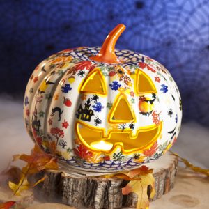 This colorfully decorated ceramic jack-o-lantern was made in Poland.