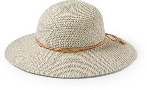 A breathable, paper braid wide-brimmed hat with periwinkle and olive-green detailing is perfect for sunny or cold days.
