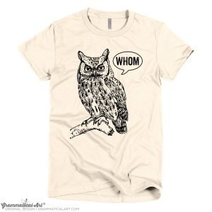 This off-white t-shirt has a black and white owl on the front with a speech bubble that says "whom".