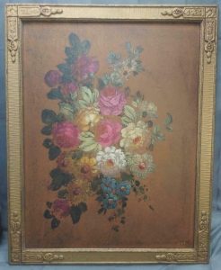 Bushel of antique flowers and leaves in the middle of a bronze-colored background with an ornate gold frame.
