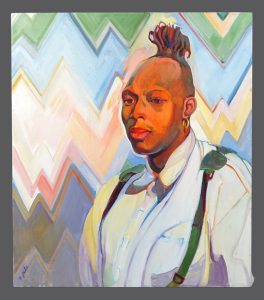 This vintage portrait shows the upper half of an African-American man with w white shirt, green suspenders, gold earring and a short mohawk.