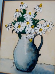 Watercolor painting of white daisies in a light blue pitcher.