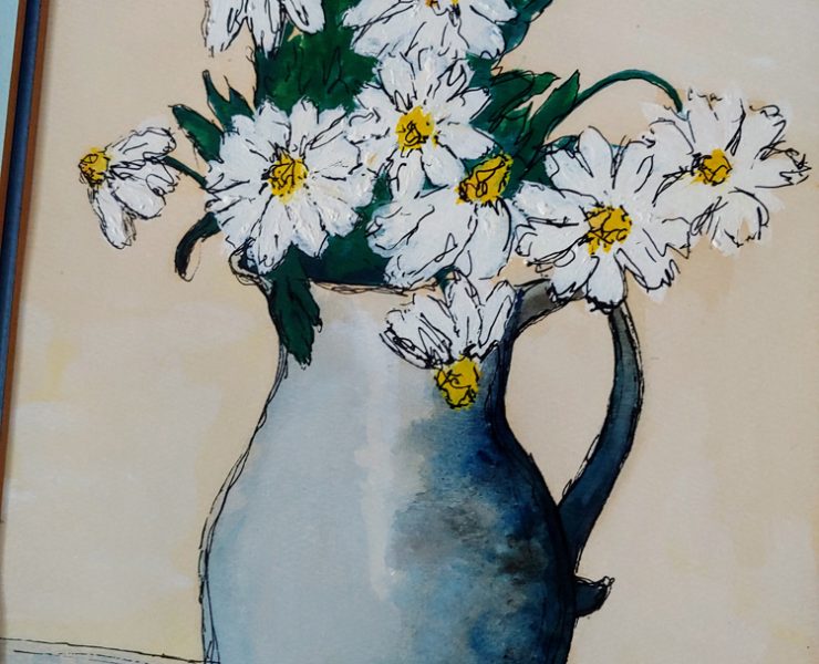 Watercolor painting of white daisies in a light blue pitcher.