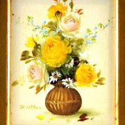 Vintage floral paintings like this small brown vase full of bright yellow flowers add cheer to any room.