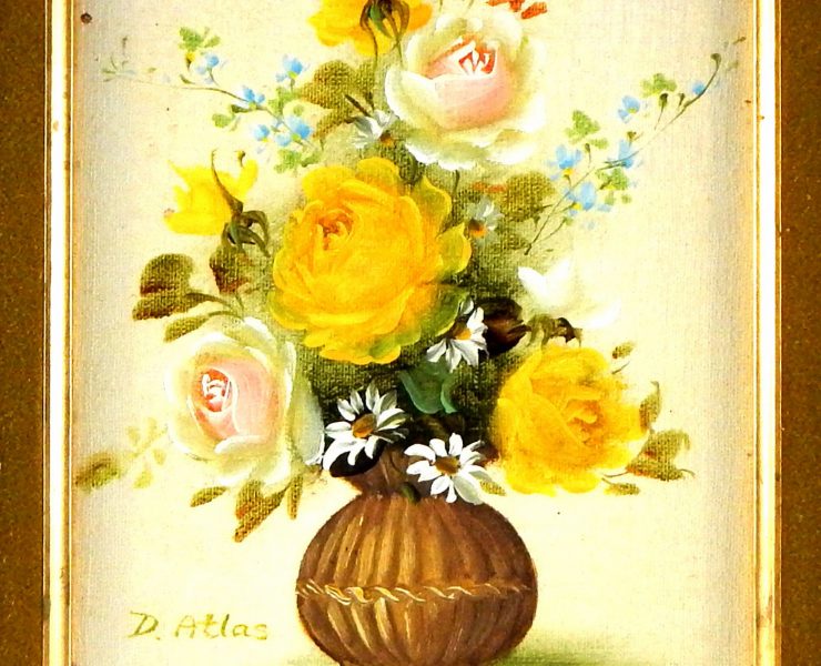 Vintage floral paintings like this small brown vase full of bright yellow flowers add cheer to any room.