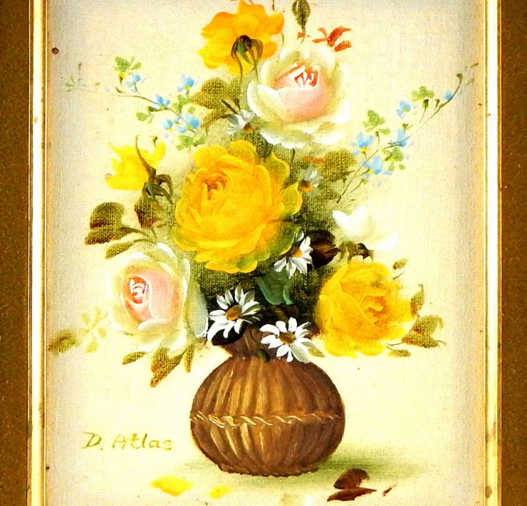 Vintage floral paintings like this small brown vase full of bright yellow flowers add cheer to any room.