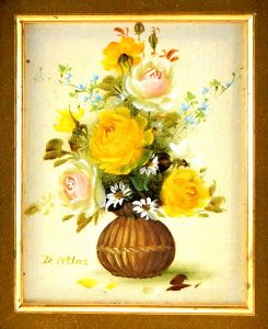 Bright Yellow flowers in a small brown vase with an off-white background.