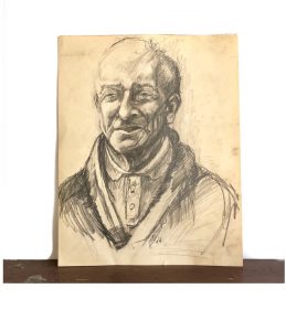 This vintage portrait is a pencil drawing of an elderly Caucasian man with a slight smile in a buttoned up polo shirt and sweater.