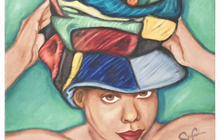 This vintage portrait is of an African american woman with bare shoulders donning a large, multi-colored, patched-up hat.