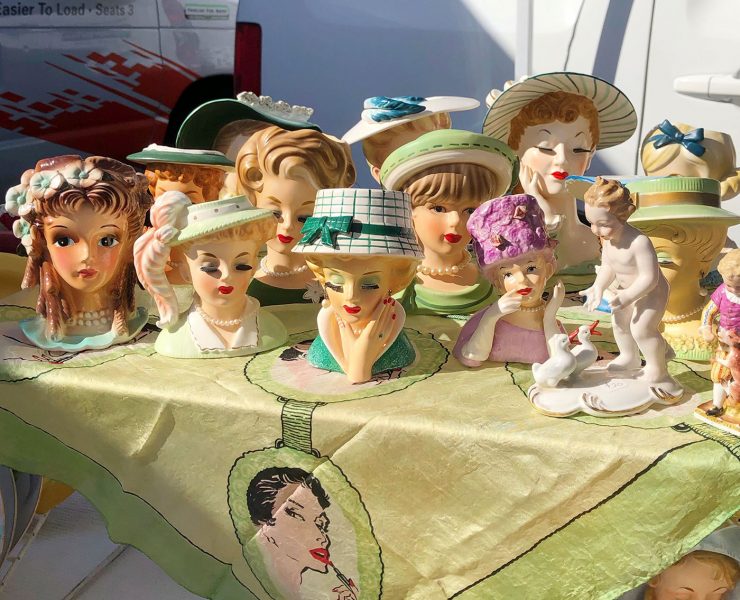 Video that tours vintage finds at the Long Beach flea market with Emily Vallely