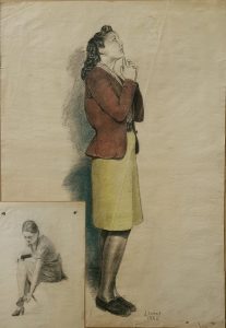 This vintage portrait has two sides. One shows a woman in 1940s-style skirt and jacket with her hands beneath of her chin, looking upward in thought. the other side shows a woman sitting down to put on her second high heel.