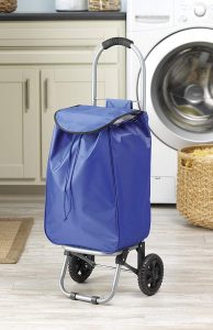 This blue bag cart has two wheels, a pinched top with a lid and an extendable handle.