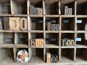 Letterpress letters spelling out "boo" in multiple different wood cubbies.