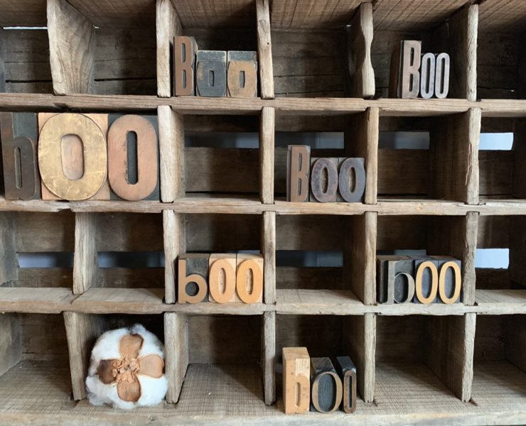 Letterpress letters spelling out "boo" in multiple different wood cubbies.