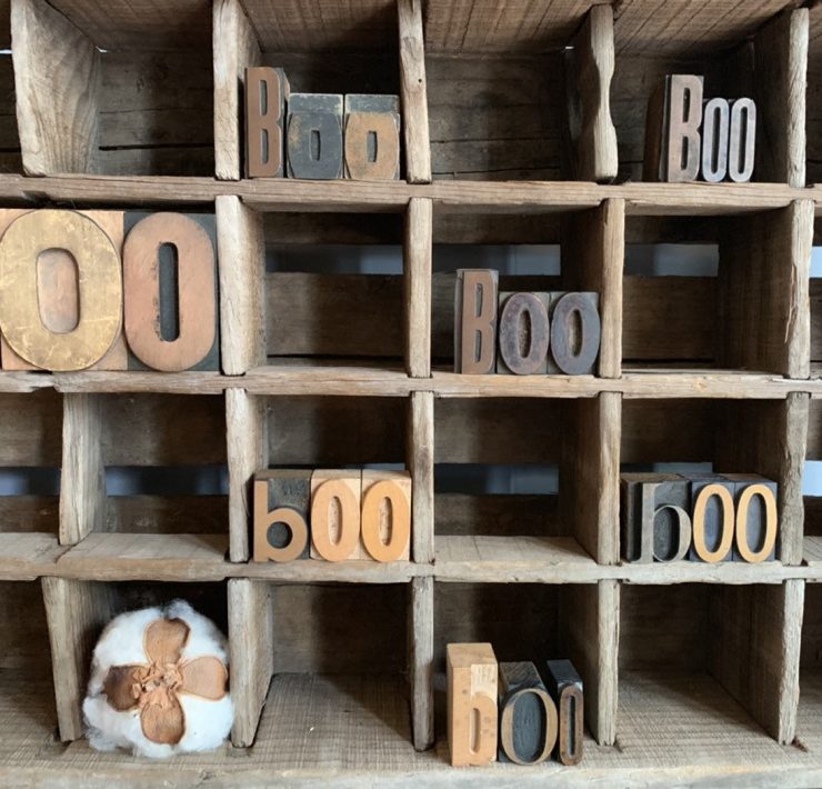Letterpress letters spelling out "boo" in multiple different wood cubbies.