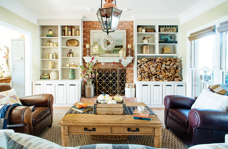 Living room with brick and mid century farmhouse feels