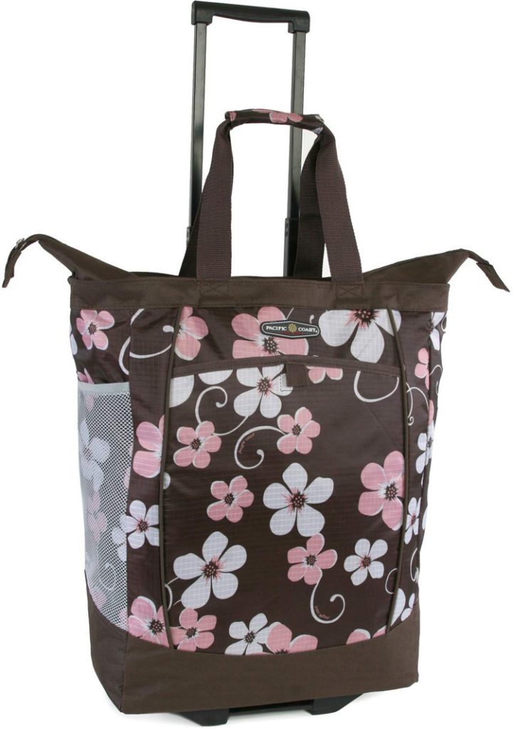 Bag or cart? This option combines them both into a brown and pink floral zipper bag that has wheels and an extendable handle.