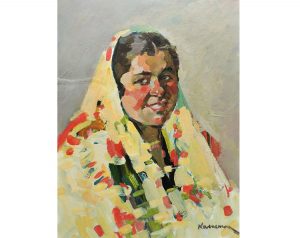 This vintage portrait is painted with large brushstrokes. It shows the upper half of a smiling woman wearing a head scarf.