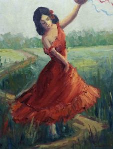 This vintage portrait shows a girl dancing in a flowing, off-the-shoulder red dress along a grassy dirt path outside.