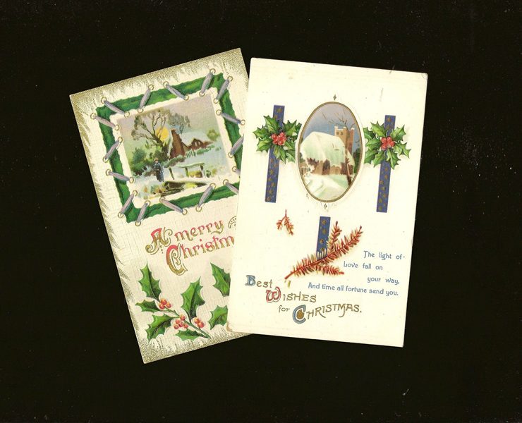Two antique holiday postcards with winter scenes and Christmas text.