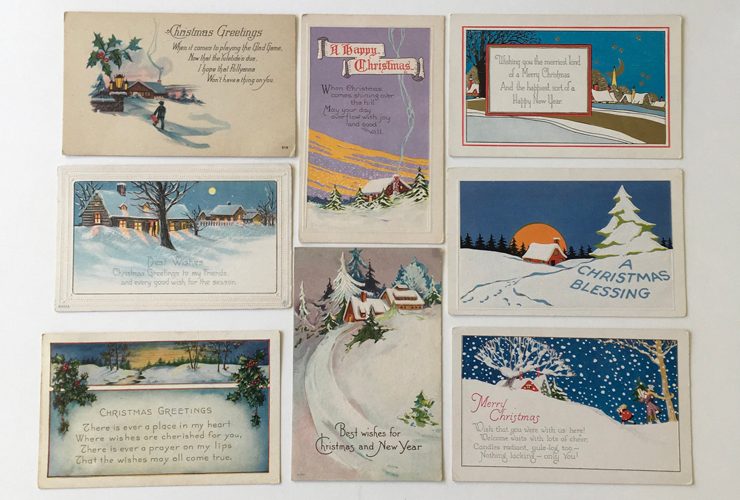 Antique holiday postcards with varying scenes of snowy landscapes with Christmas texts.