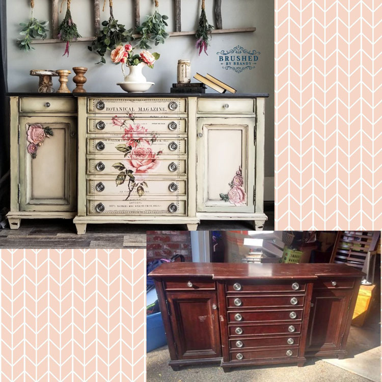 Before and after photos of a wood dresser painted to look a floral antique.