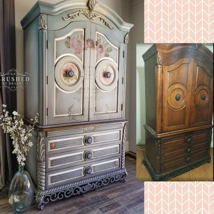 Before and after photos of a wood wardrobe painted into a light blue and white, blended antique.