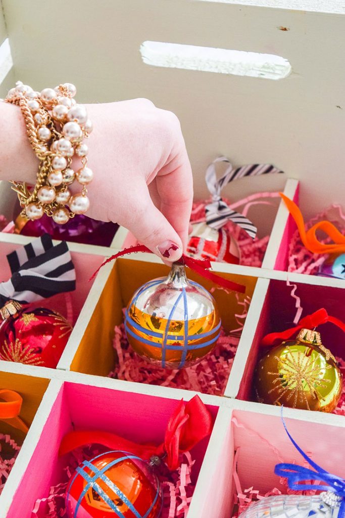 colorful crate ornament storage