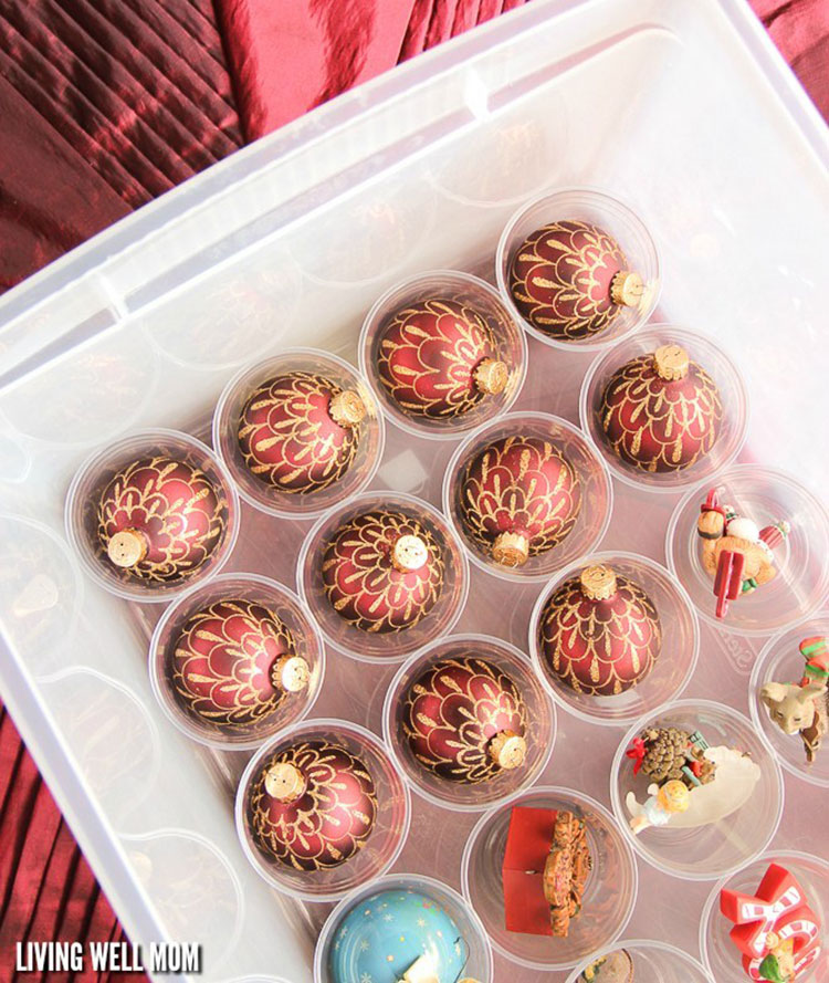 ornaments in a DIY storage box made with cups