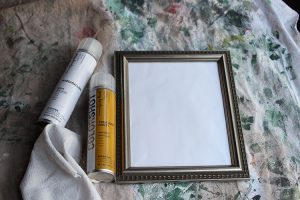 Materials needed for a frame update DIY: frame, spray paint and a cloth.