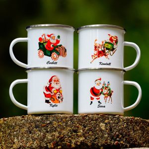 Metal Santa mugs with different vintage-inspired illustrations of Santa and personalized names on them.