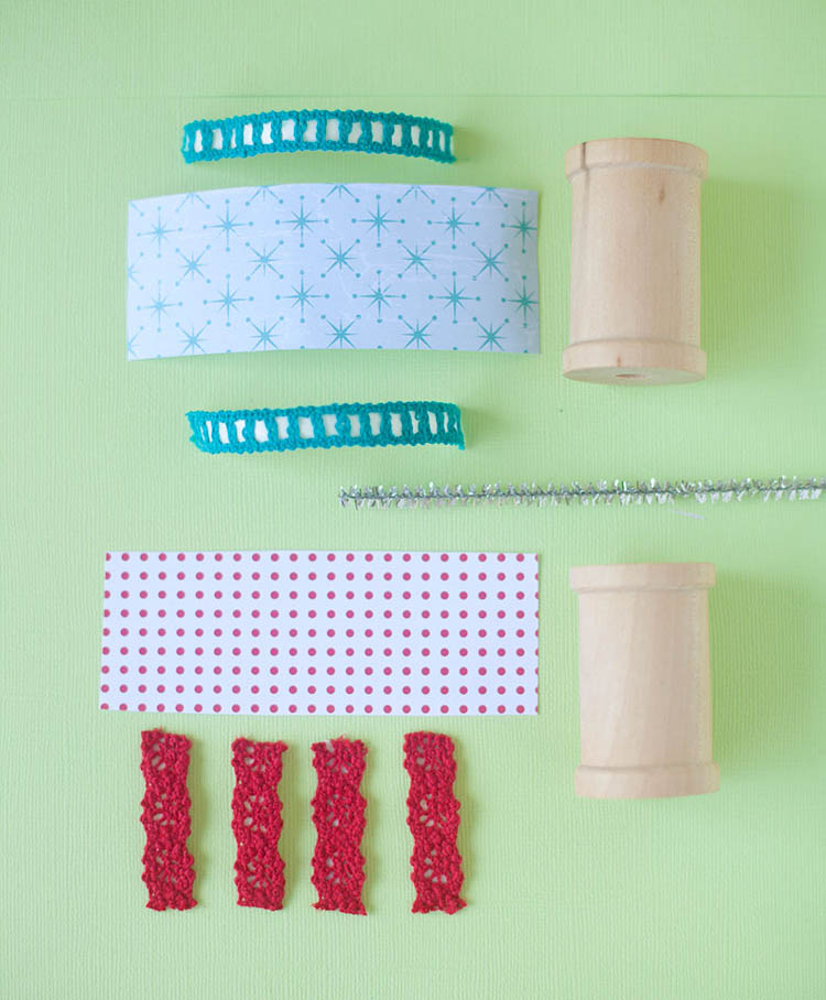 Handmade ornament materials, cut to size and arranged.
