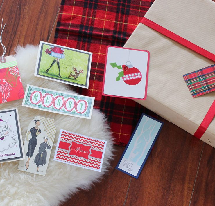 Upcycled holiday gift wrap collage.