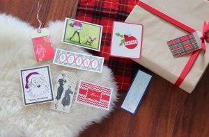 Upcycled holiday gift wrap collage.