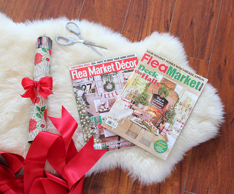 Magazine gift wrap with upcycled paper towel roll.
