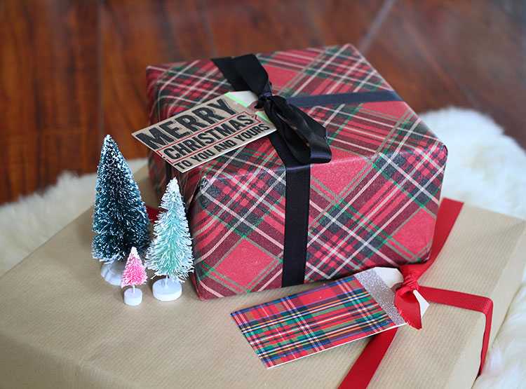 plaid gift with upcycled gift wrap tags and bottlebrush trees.