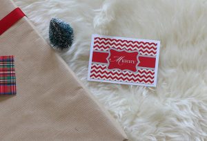 Upcycled holiday gift wrap with Merry card.