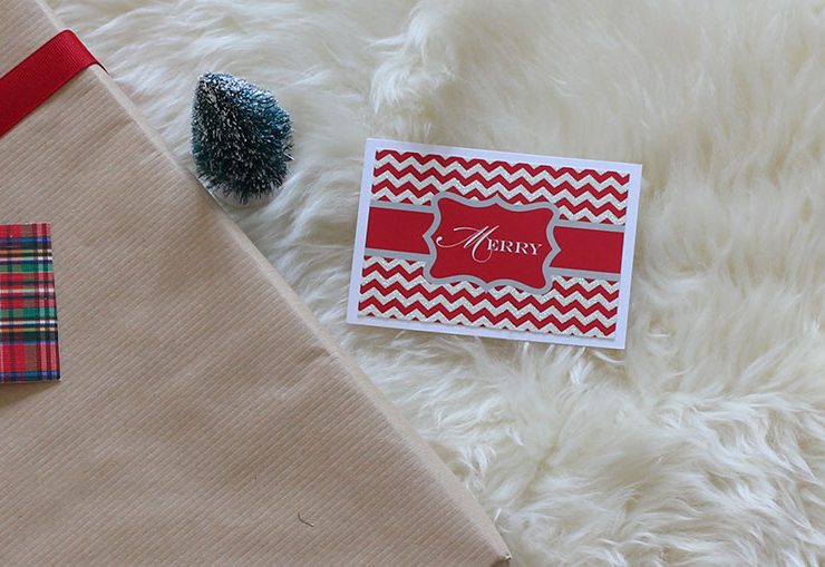 Upcycled holiday gift wrap with Merry card.