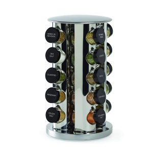 Metal revolving spice tower with 20 spices, one of our favorite gifts for new homeowners!