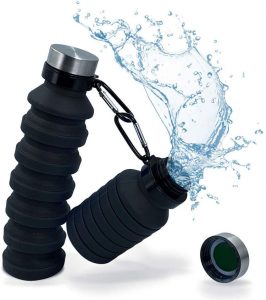 A rubbery, collapsible water bottle, one of our 'gifts for him.'