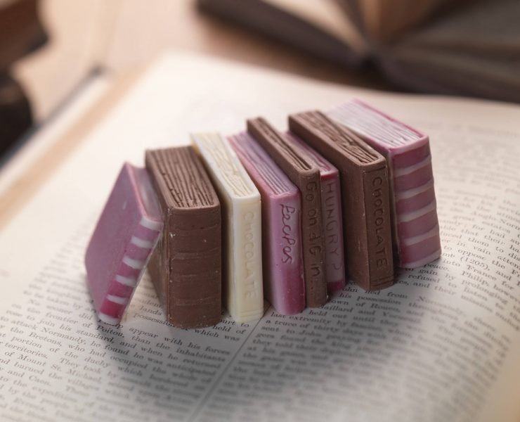 Set of mini chocolate books, tasty gifts for book lovers.