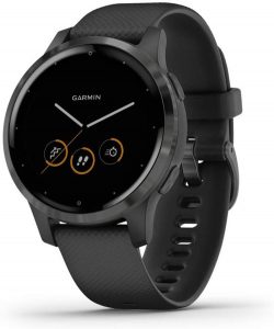 Black Garmin watch that tracks location, distance and connects to headphones, one of our 'gifts for him.'